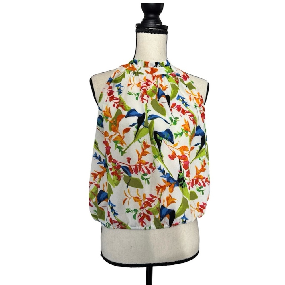 Rose & Olive White Halter Tank with Multicolor Floral Print